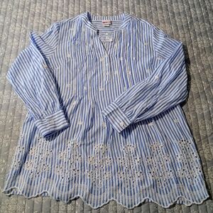 American Sweetheart Women Eyelet  Blouse S M Blue Striped Pintuck 100%Cotton